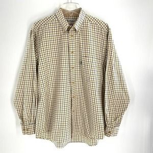 Barbour Tattersall Check Mens Comfort Fit Button Down Shirt Sz XL Tan Blue